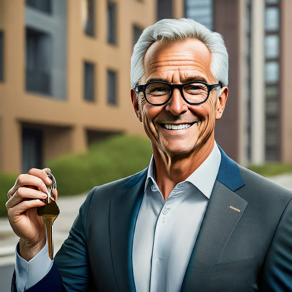 Property Owner Holding an Apartment Key Smiling by Corinthian Asset Management