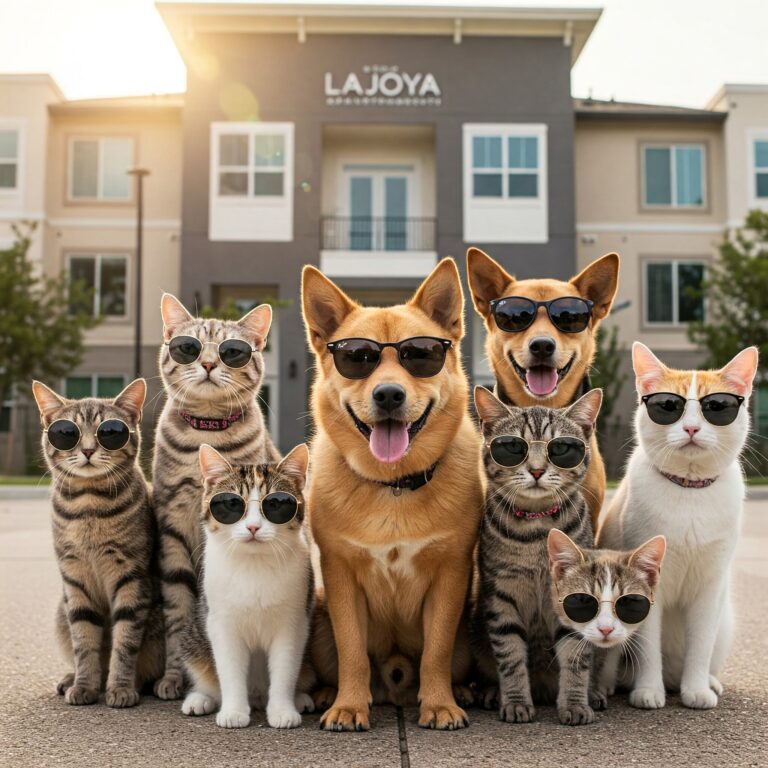 Cats and dogs wearing stylish sunglasses, showcasing La Joya Apartments in Laredo, Texas